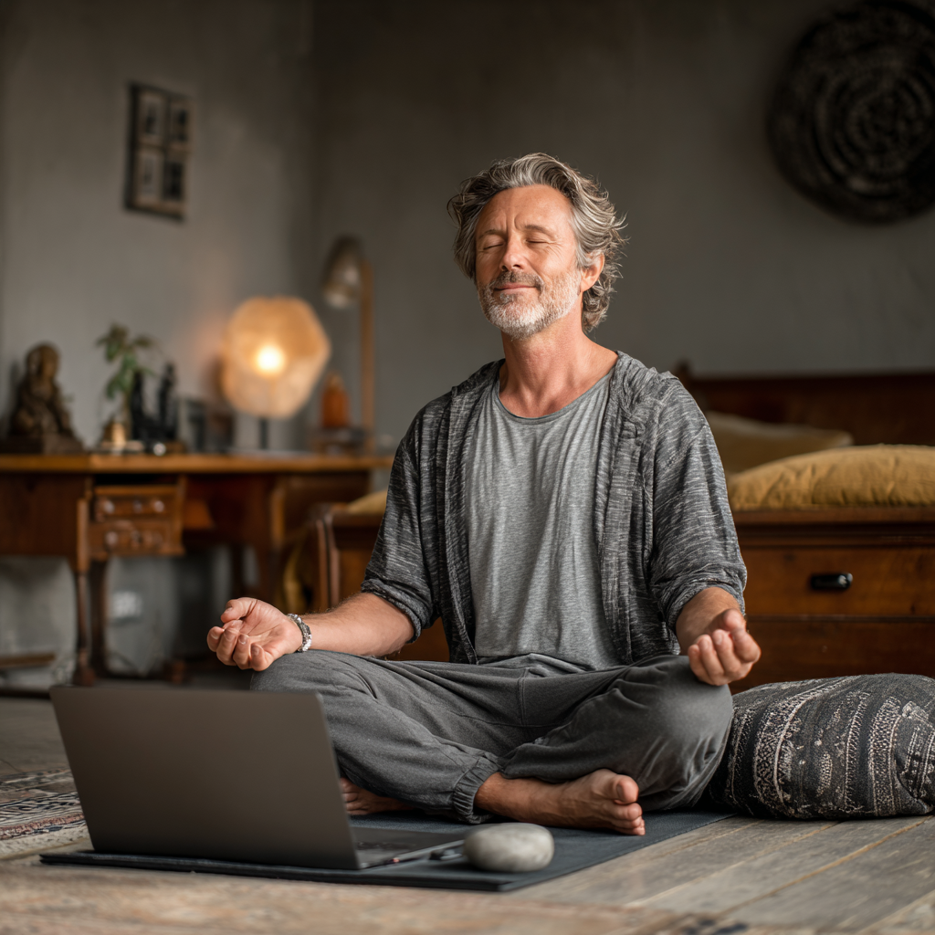 Mature man in his forties practicing yoga at home using laptop for online class, peaceful home environment, yoga mat and meditation cushion visible