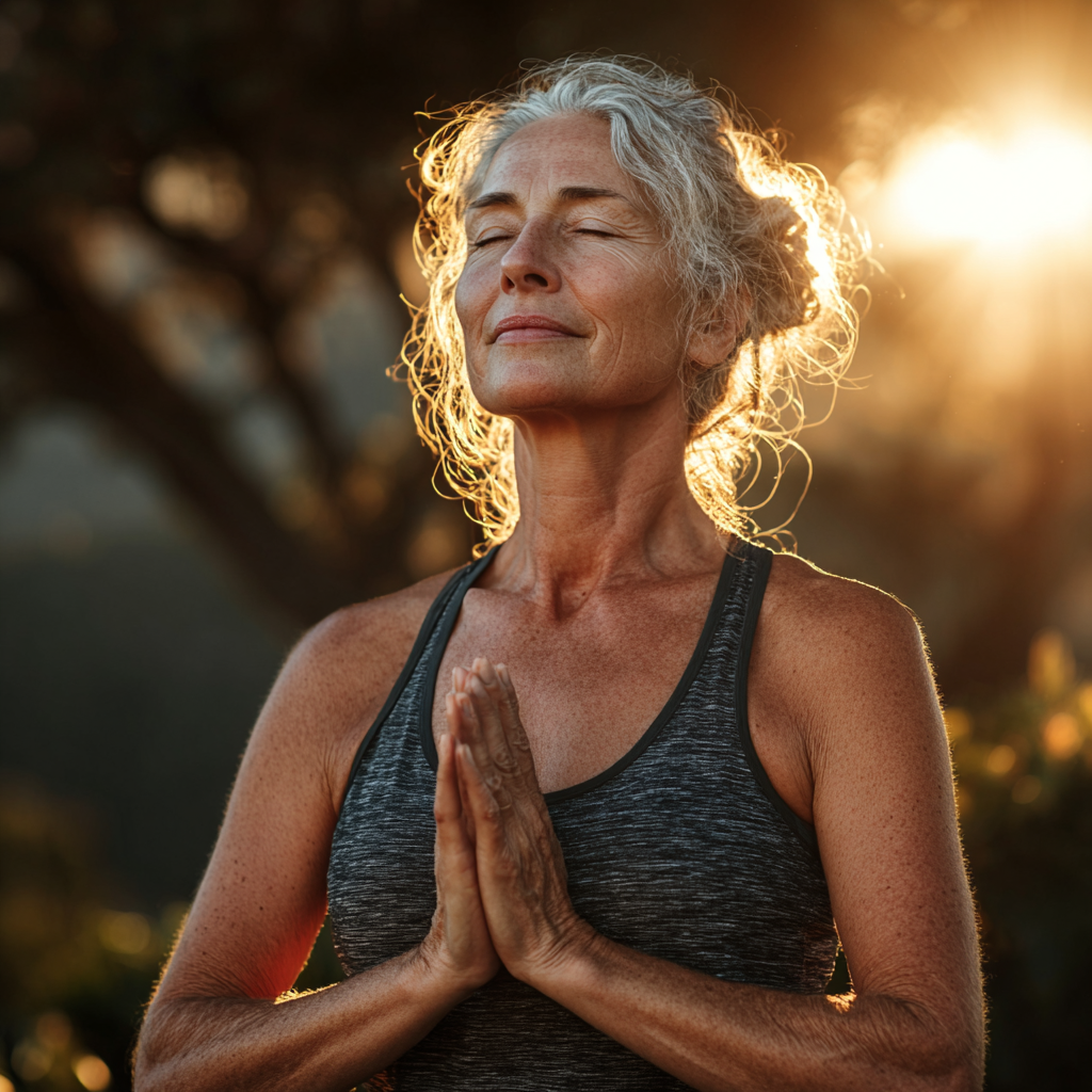 Peaceful woman in her late forties practicing yoga meditation pose in serene natural environment, eyes closed, sitting cross-legged on yoga mat